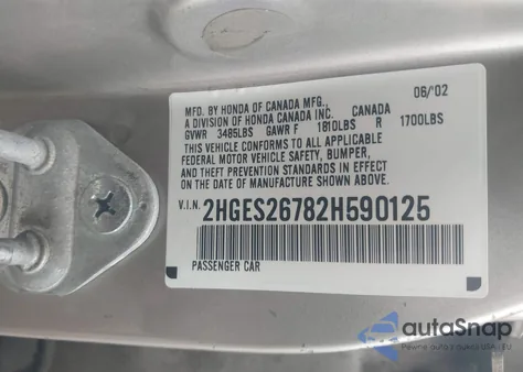 2002 Honda Civic Ex z USA, uszkodzony, nr VIN 2HGES26782H590125